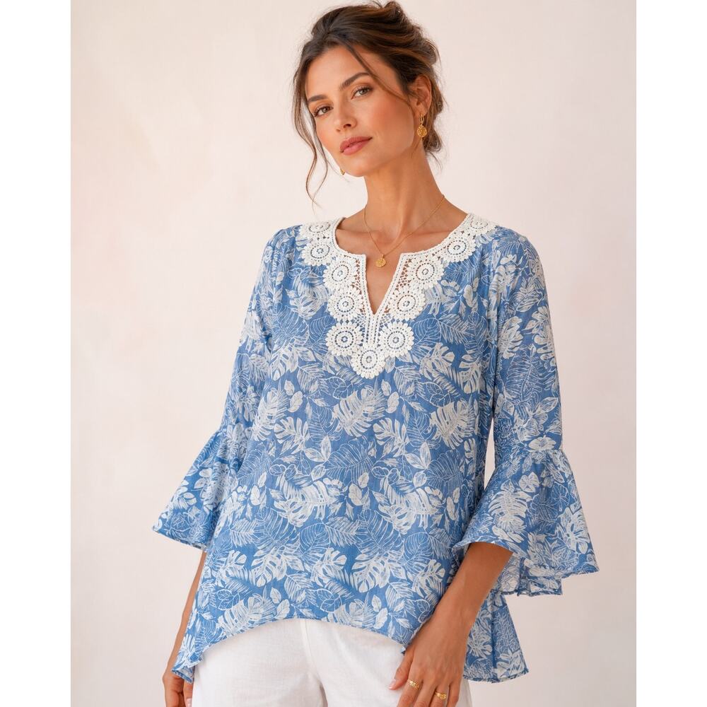 Robert Louis Blue Tropical Crochet Lace Bell Sleeve Tunic S Coastal Boho